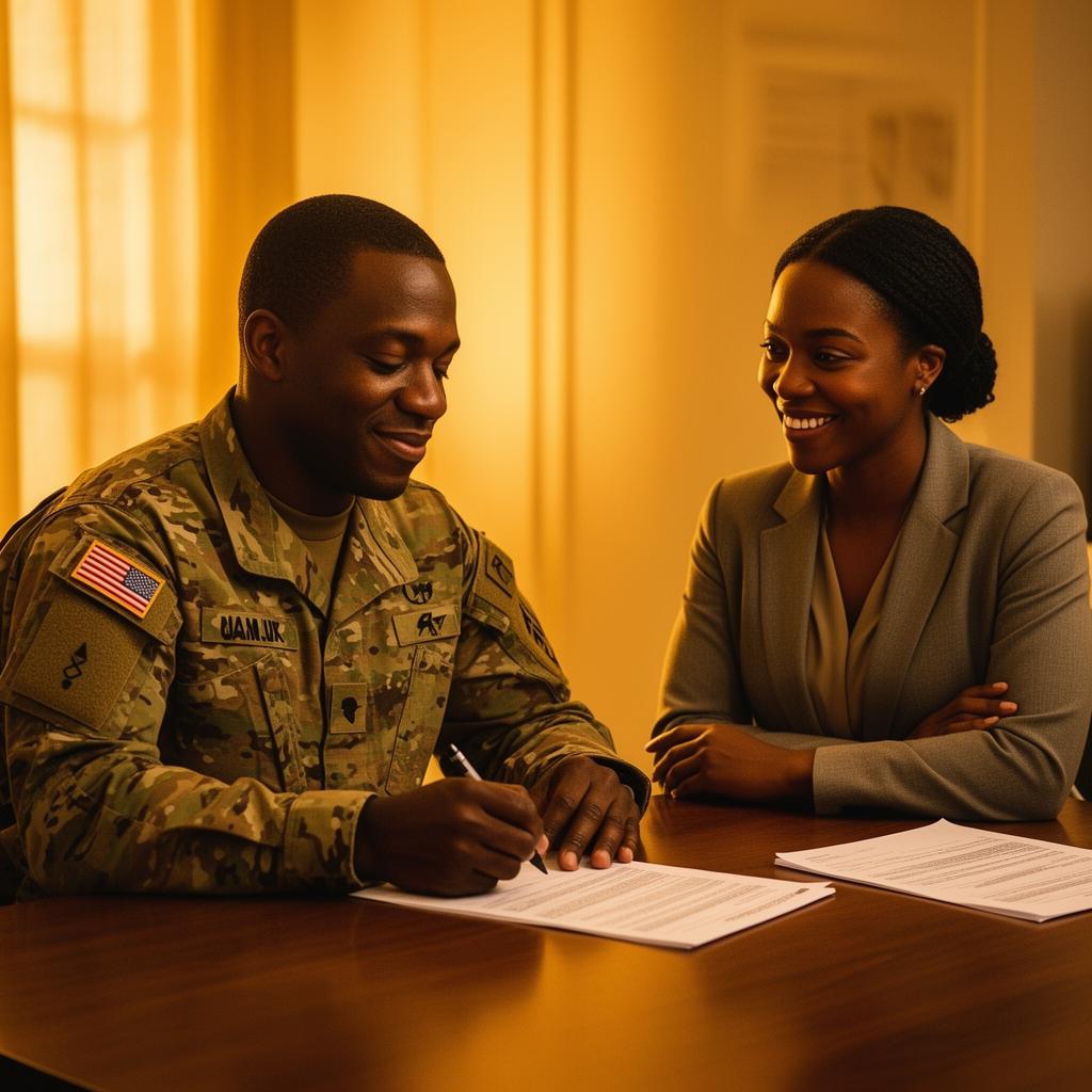 Veteran signing housing paperwork with counselor